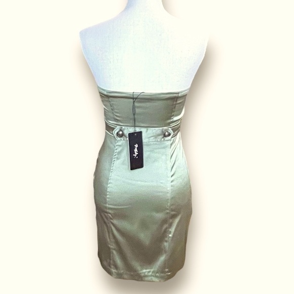 Rhapsody NWT Womens Olive Green Body-Con Strapless Military Mini Satin Dress S/P - Picture 3 of 11